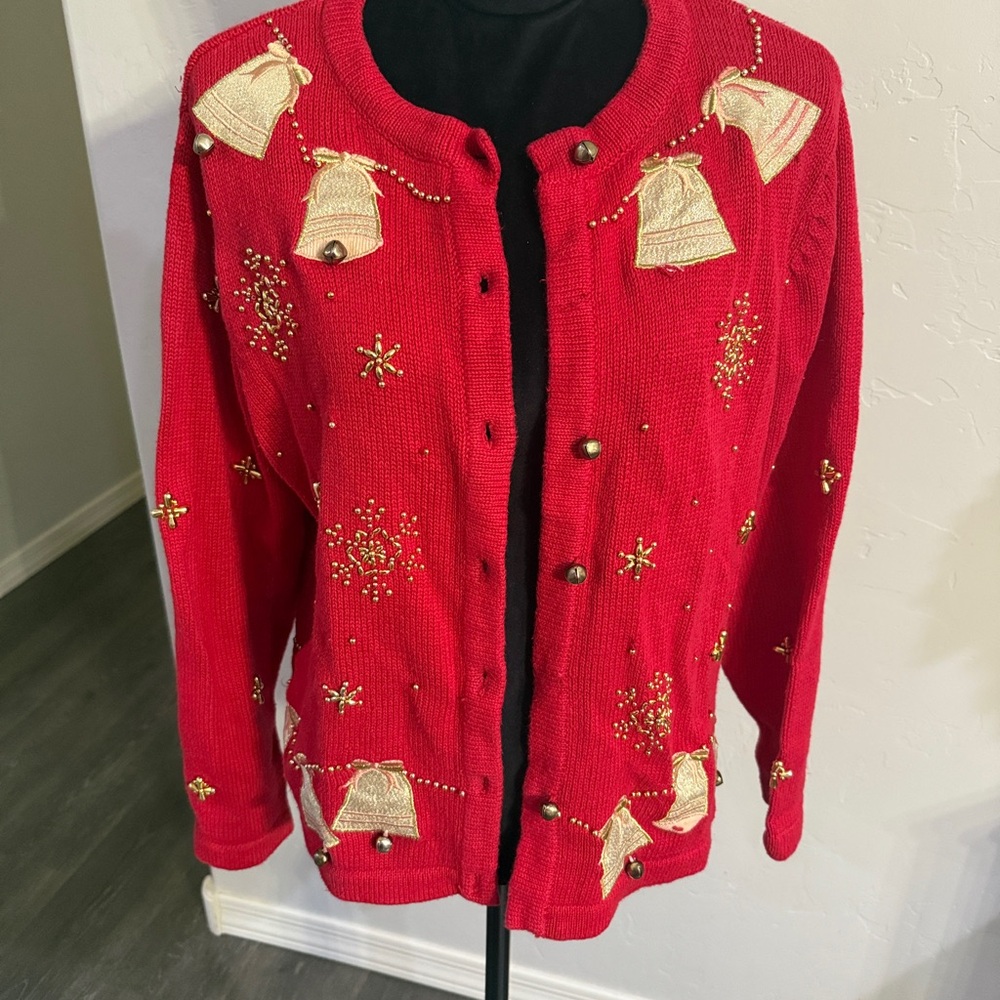 Vintage All Points Festive Holiday Red Cardigan with Gold Bell Accents. Large